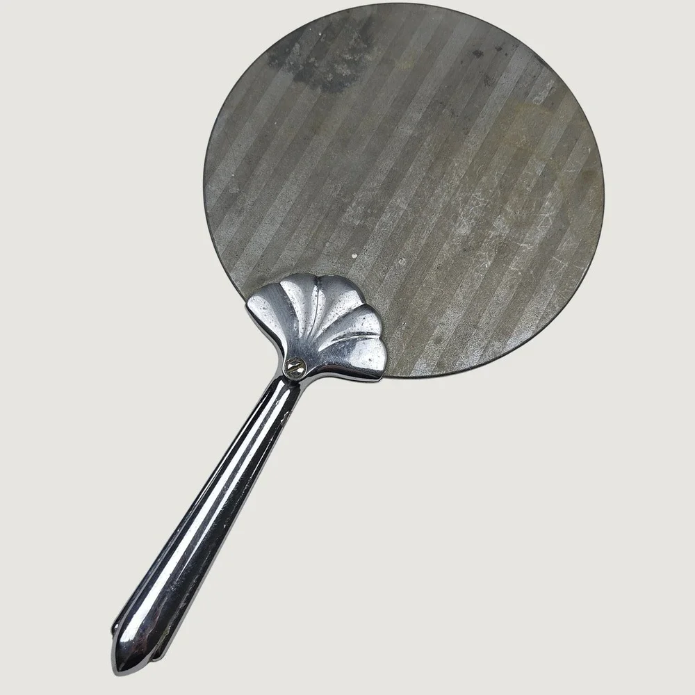 Vintage Hand Mirror 80s 70s Art Deco Chrome Plate Silver Tone Shell Handle
